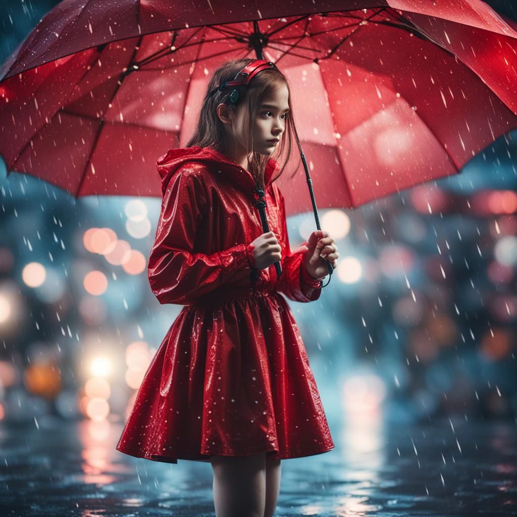 Cyborg Girl in Red Dress Playing in Rain