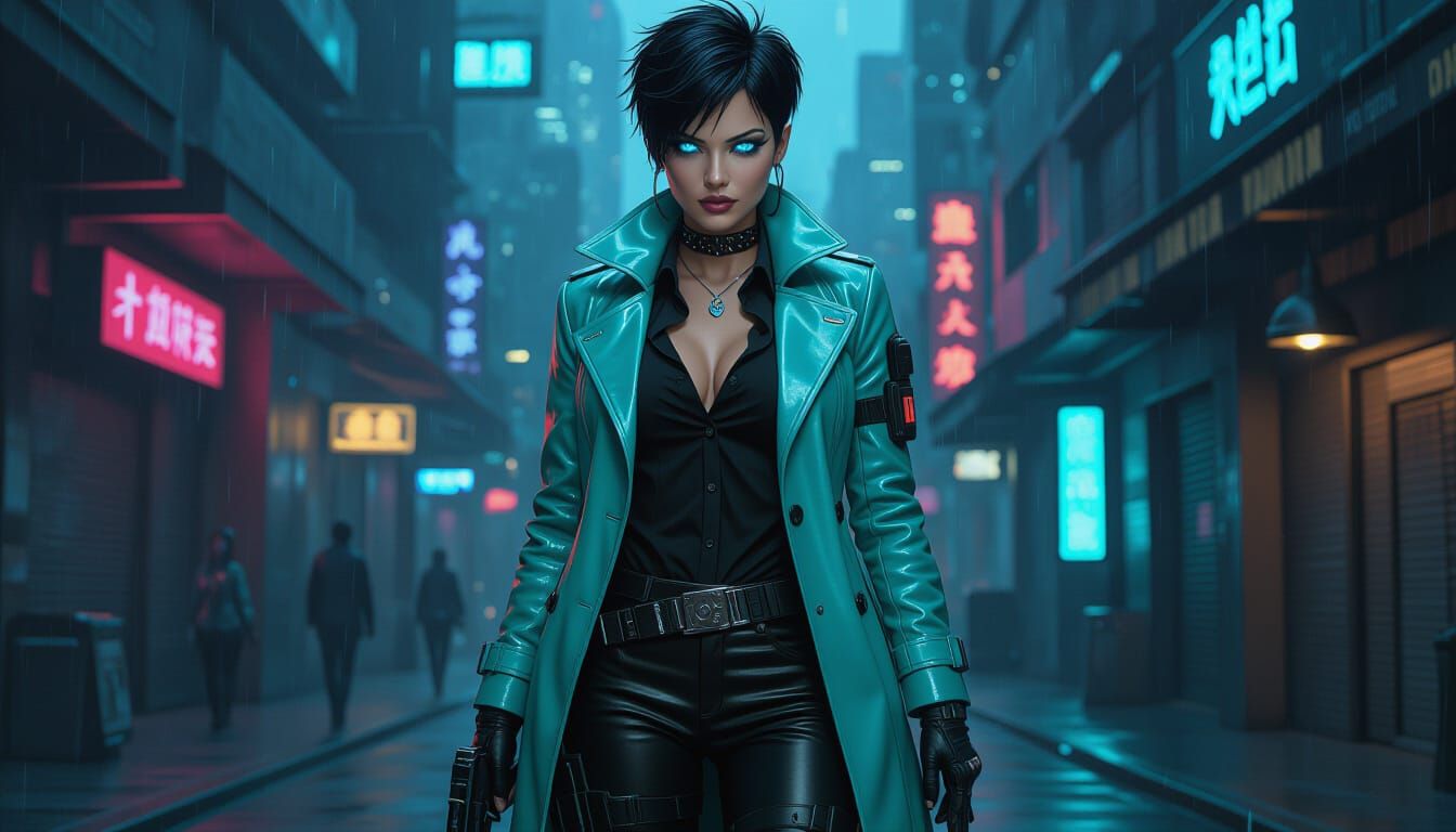 Cyberpunk Woman with Electric Blue Eyes in Turquoise Trench ...