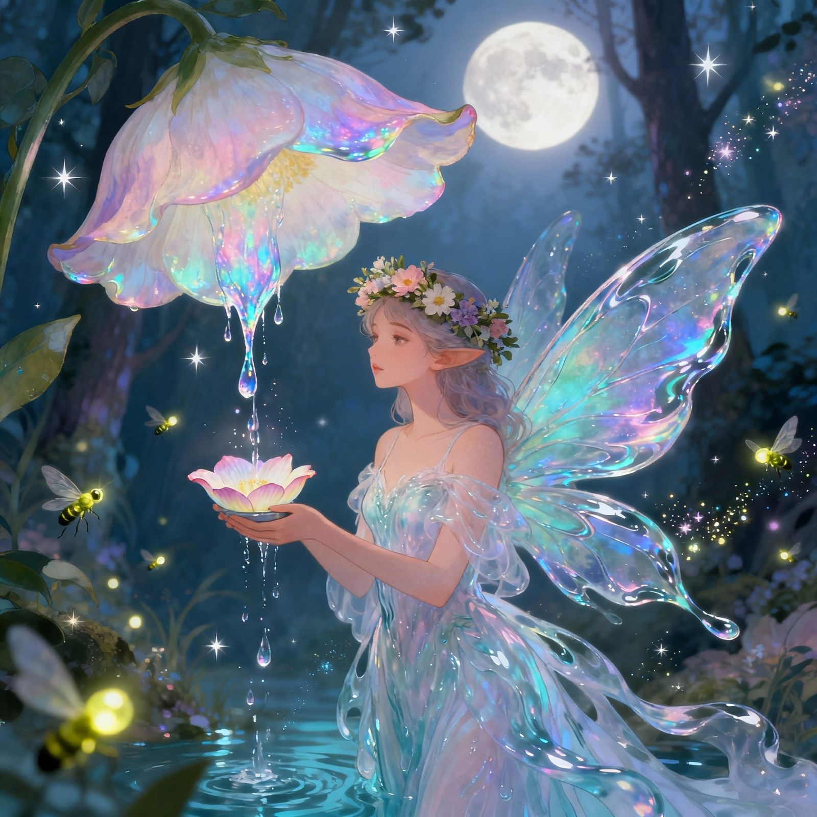 Ethereal Water Fairy Collecting Magic Dewdrops