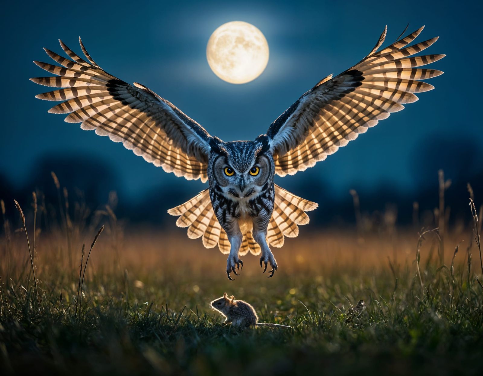 Owl Swooping for Prey in Moonlit Field