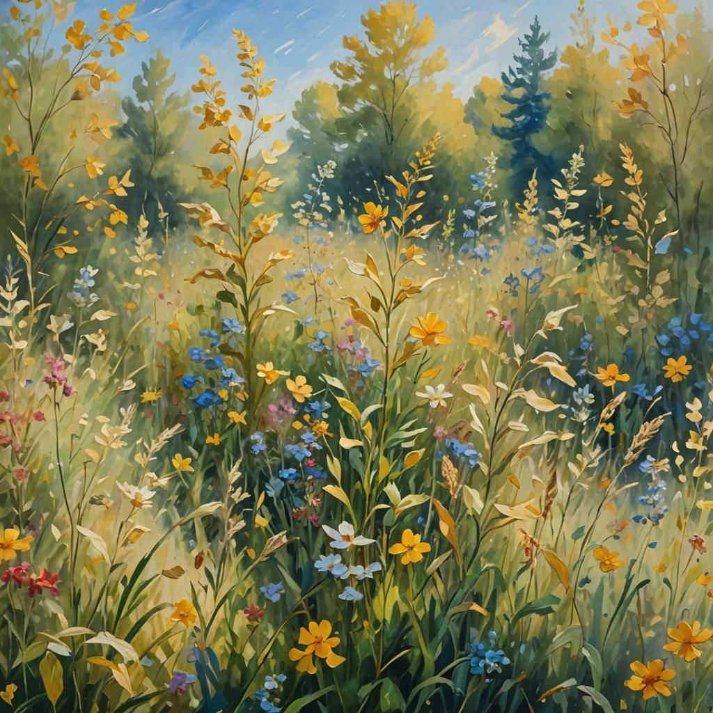 Impressionist Field Flowers with Golden Leaves