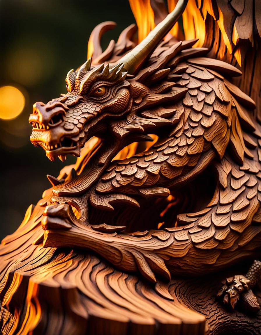 Hyperdetailed Wooden Dragon Sculpture in Golden Light