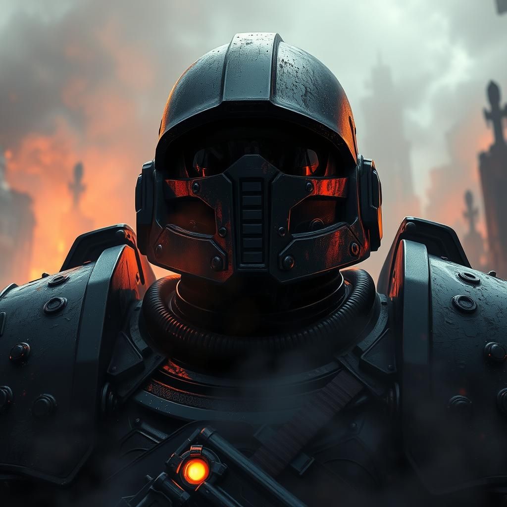 Epic Space Marine in Apocalyptic Cityscape
