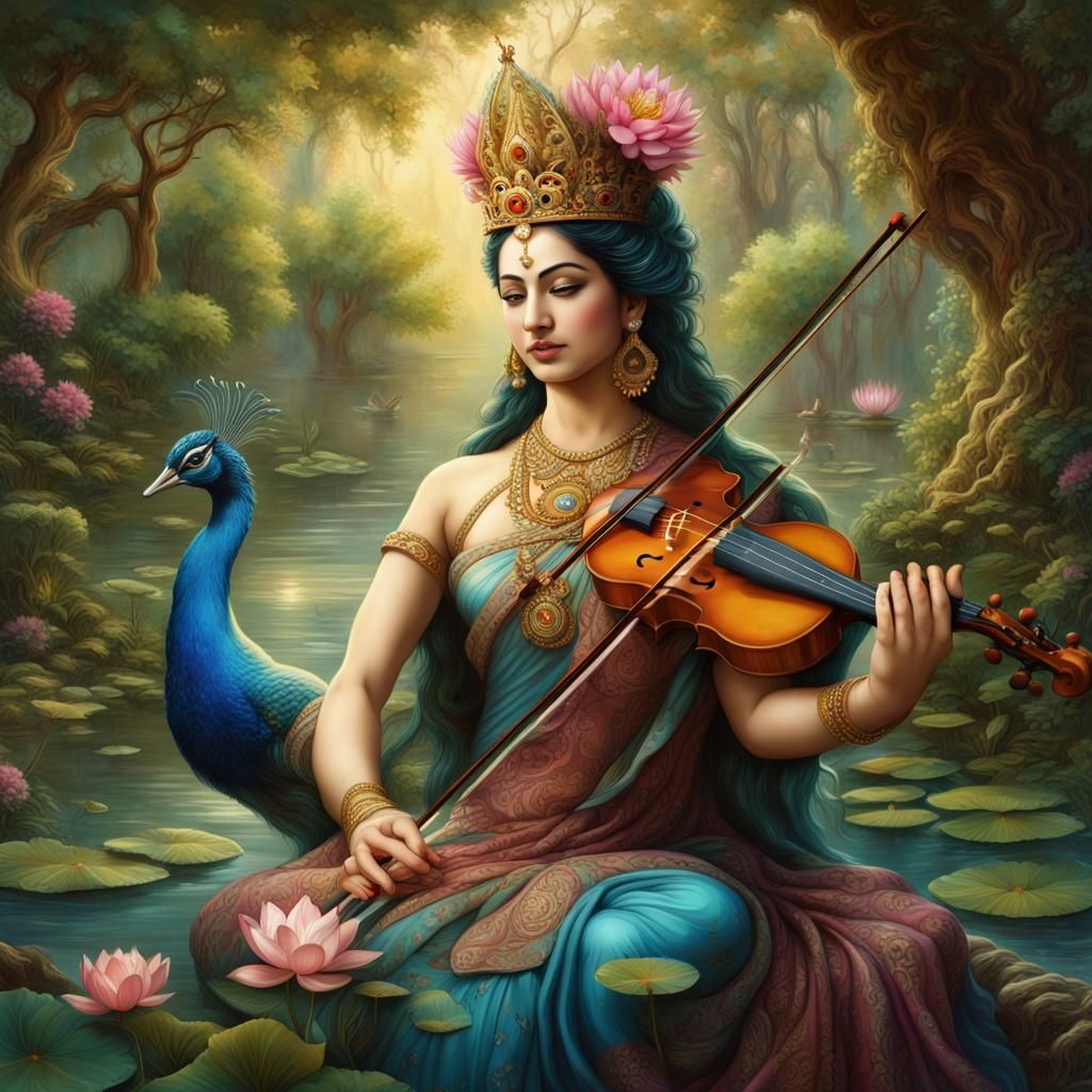 Goddess Saraswati Playing Violin in Garden Art