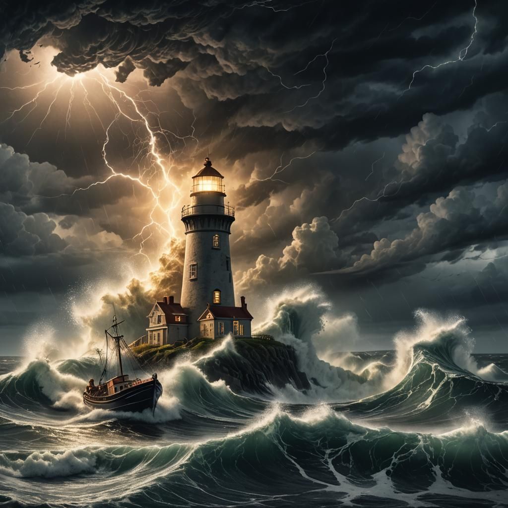 Lighthouse Guides Boat Through Stormy Seas