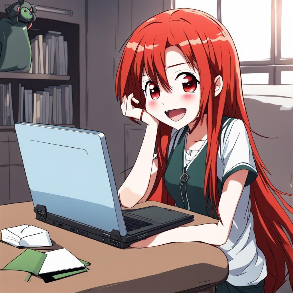 Anime Girl with Laptop, Red Hair and Excited Face