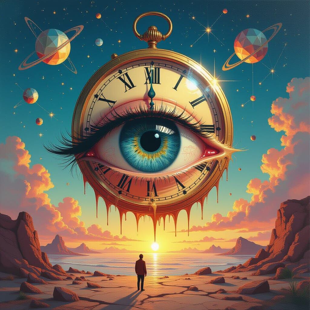 Melting Clock Over Giant Eye with Geometric Constellations