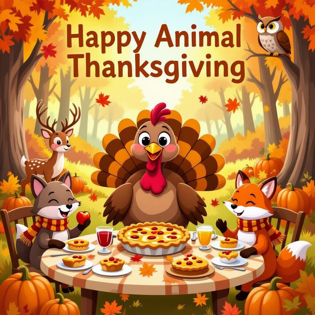 Animal Friends Celebrate Autumn Thanksgiving Feast