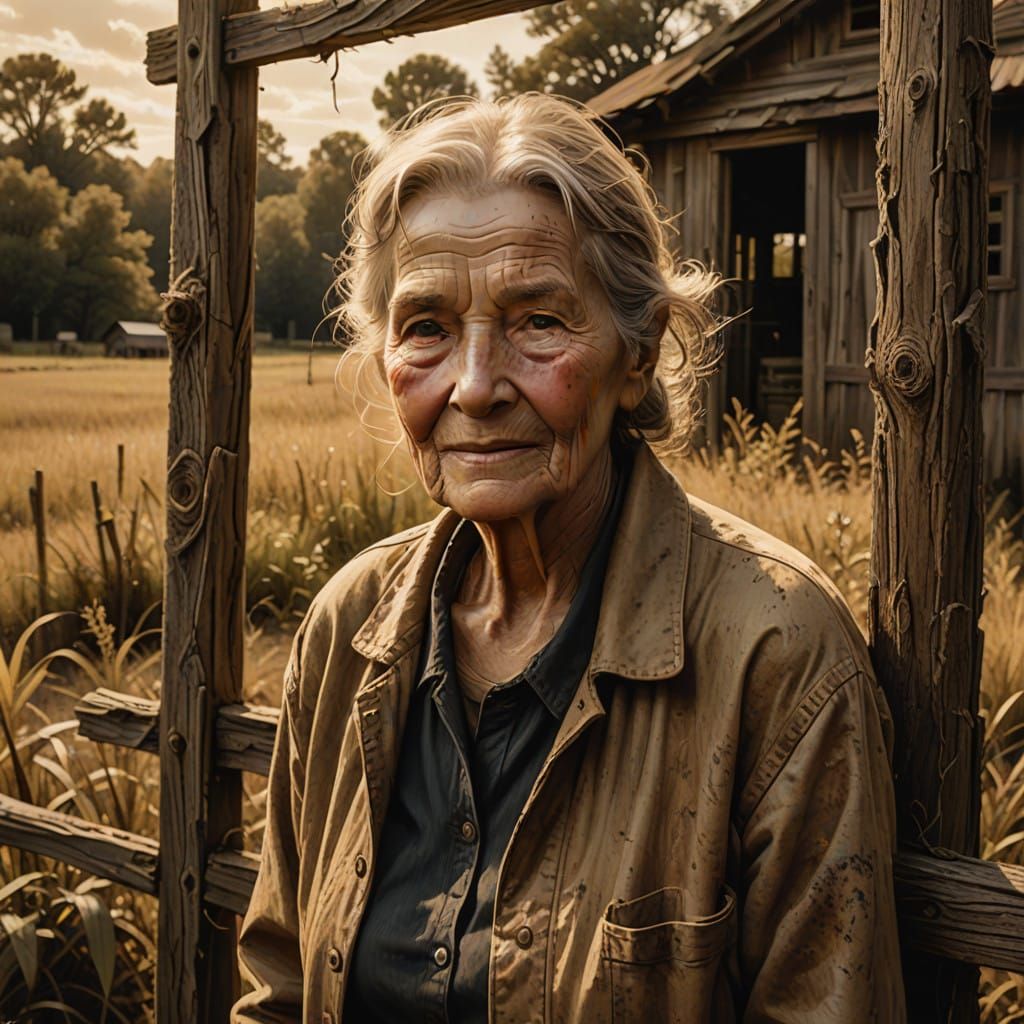 Elderly Woman in Golden Light, Sepia-Toned Farm Landscape