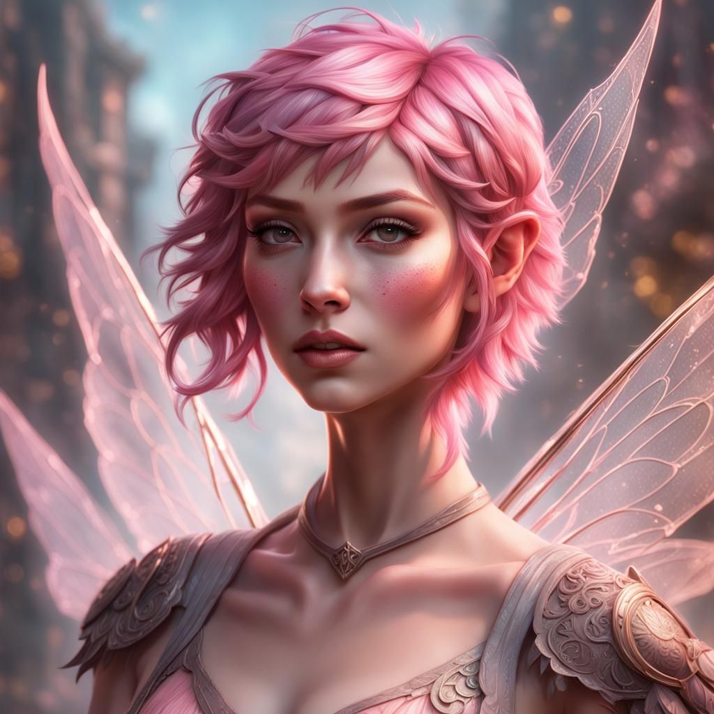 Pink-Haired Technology Fairy Portrait in Ethereal Style