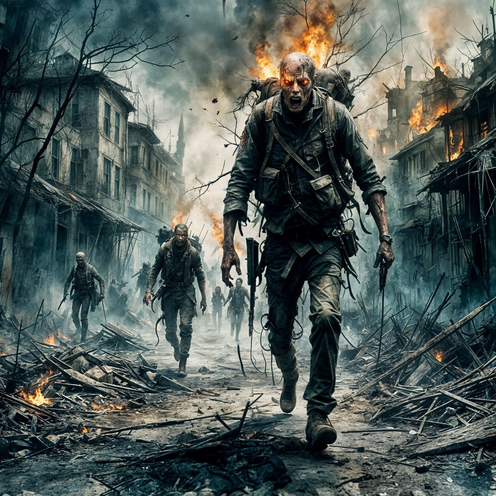 Zombie Soldiers in Burning Post-Apocalyptic Town