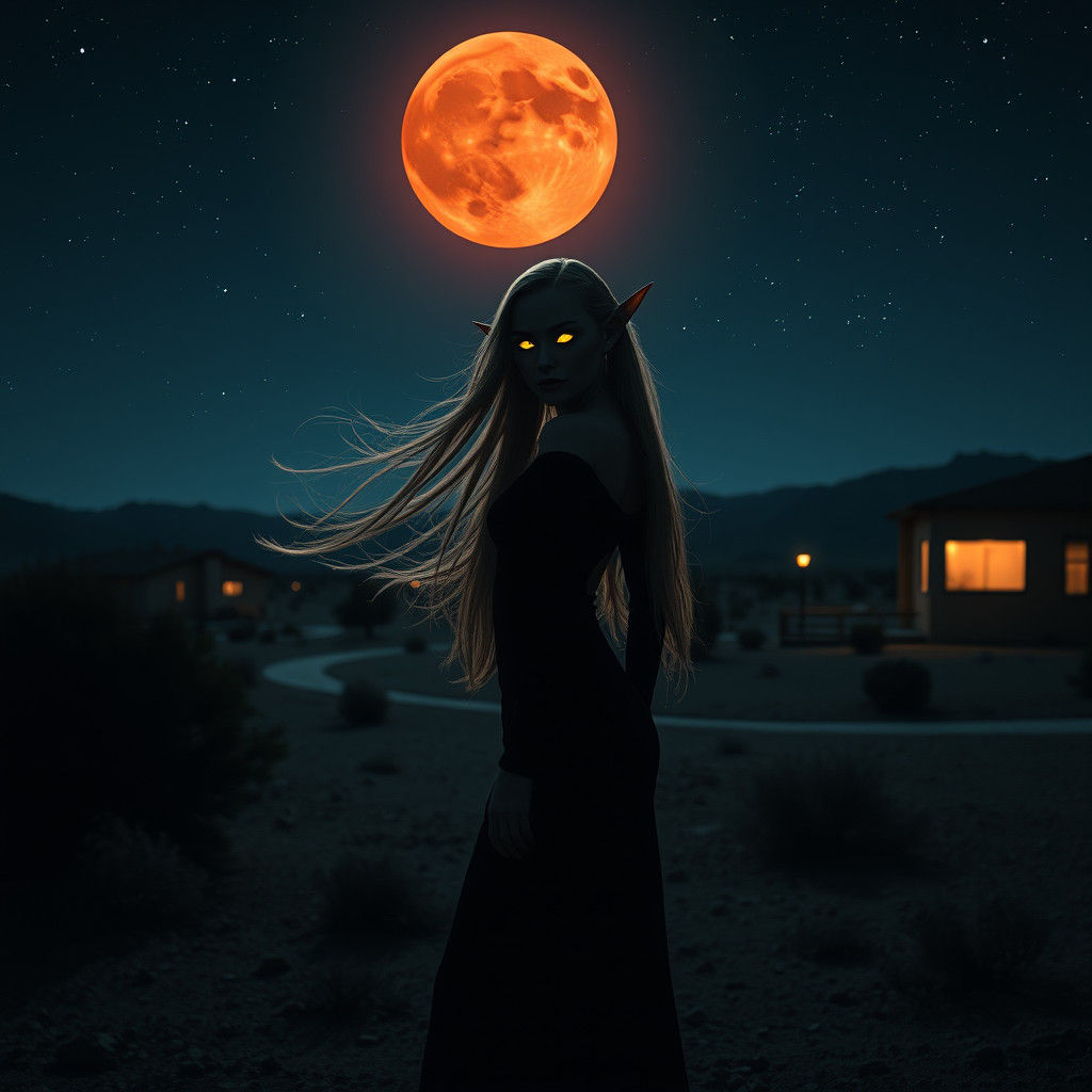 Eerie Elven Silhouette Under Blood-Red Moon