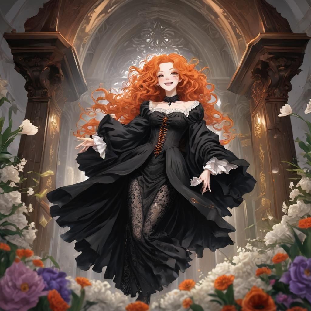 Floating Vampiress with Orange Hair in Anime Style