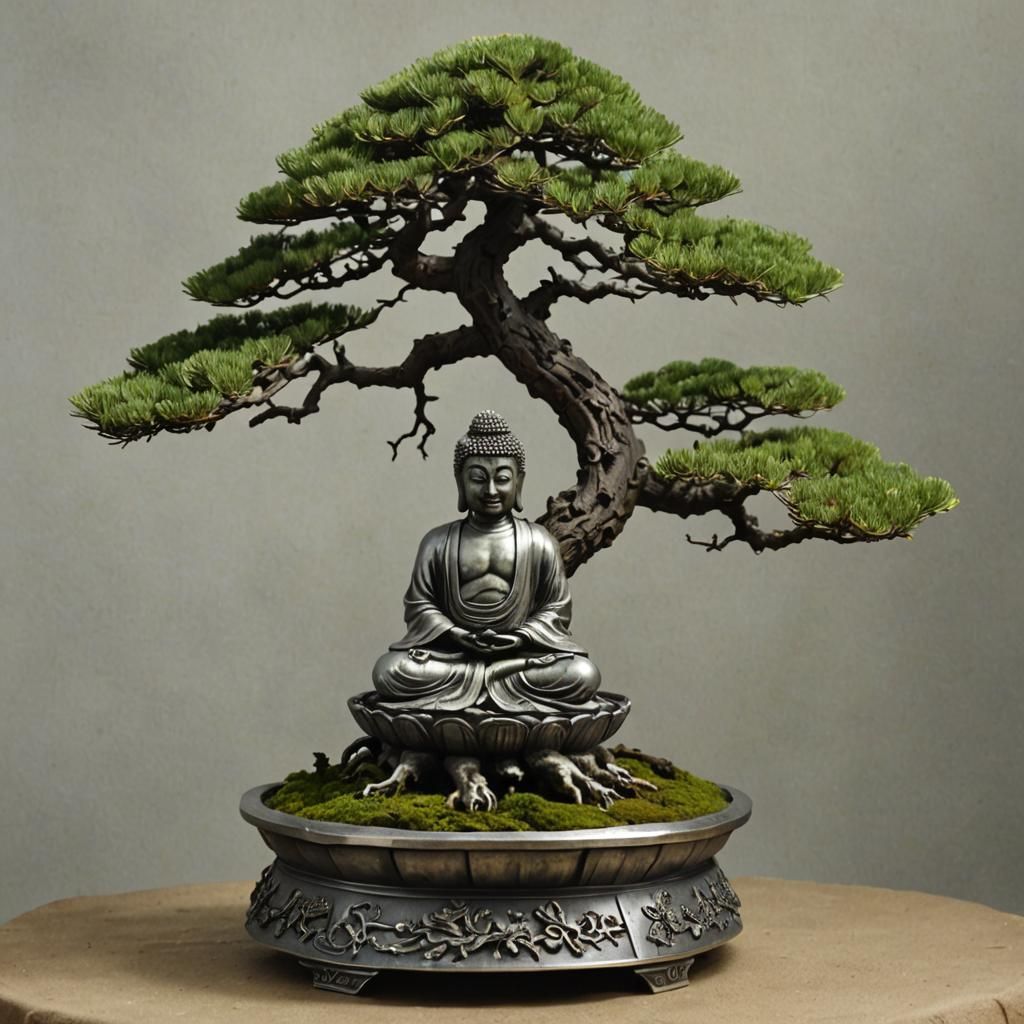 A pine bonsai tree in a Buddha pewter base