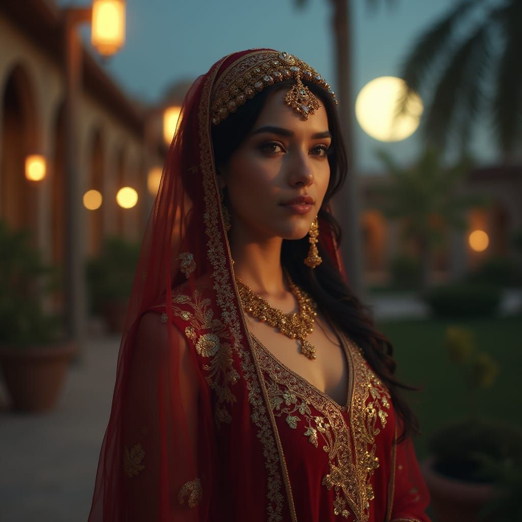 Woman in Arabian Garden with Gold Embroidery