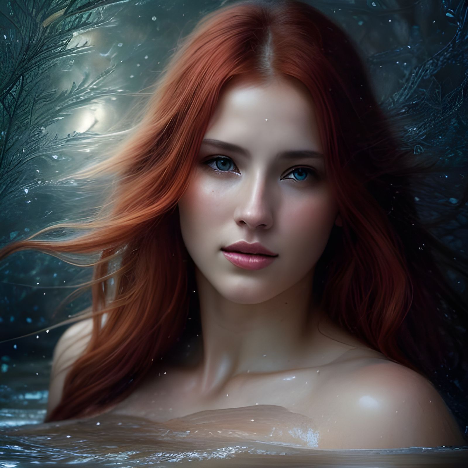 Redhead Woman in Water with Glistening Skin