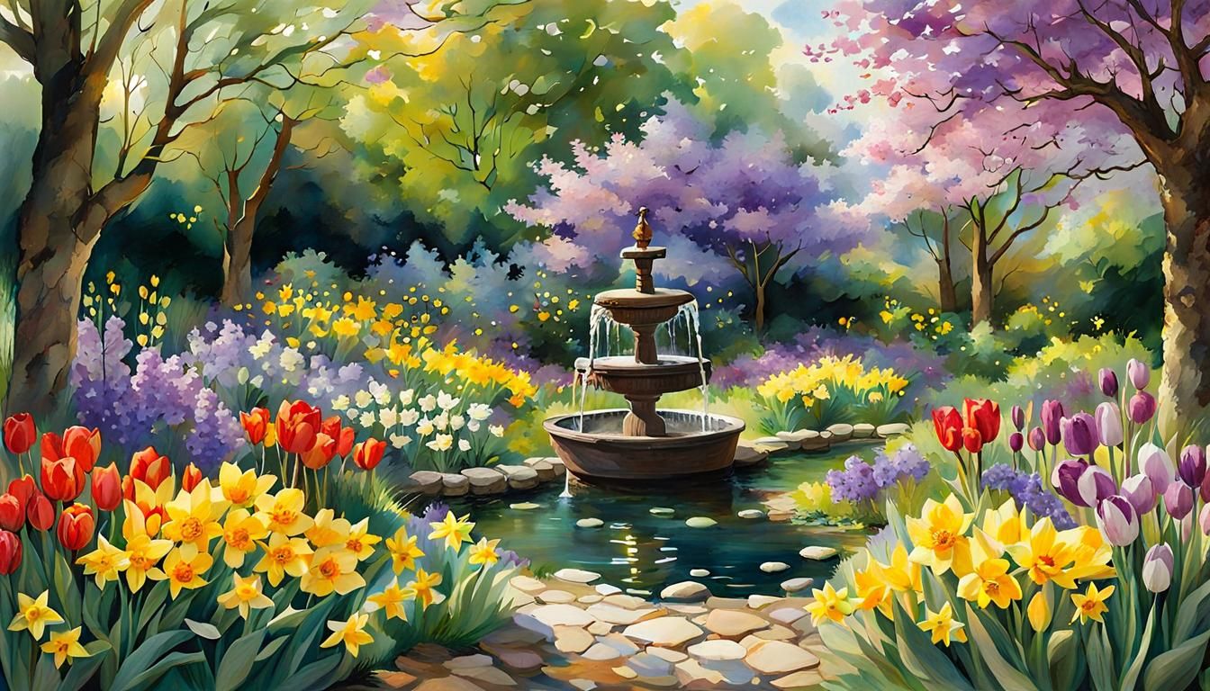 Lush Spring Garden in Watercolor Style