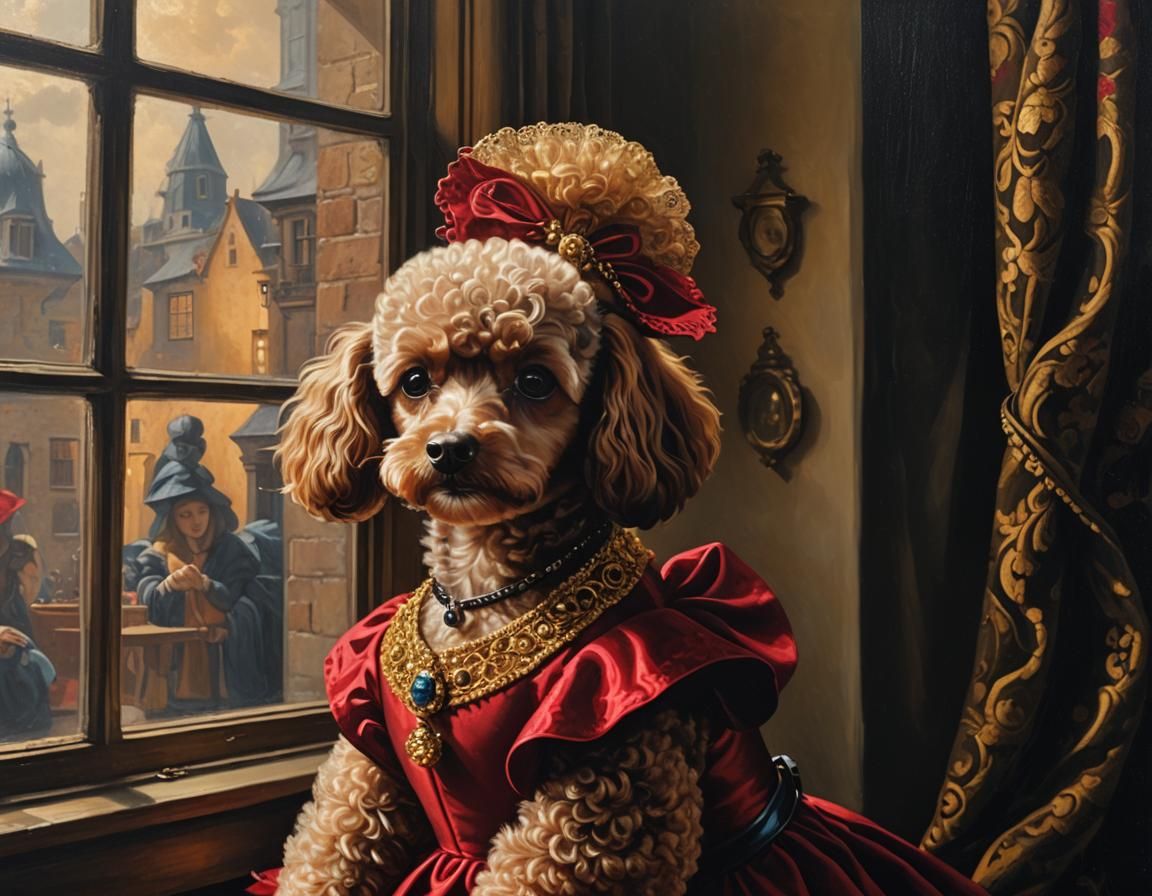 Poodle in Crimson Dress, Vermeer Style