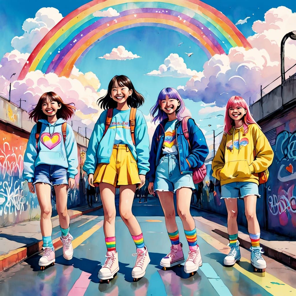 "Kidcore aesthetics" — "Groups" of teens are skating up and down the ramps, mid-action, with wide smiles and carefree en...