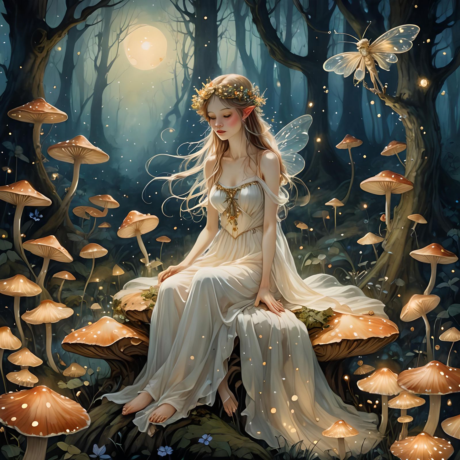 Fairy on Mushroom in Moonlit Forest