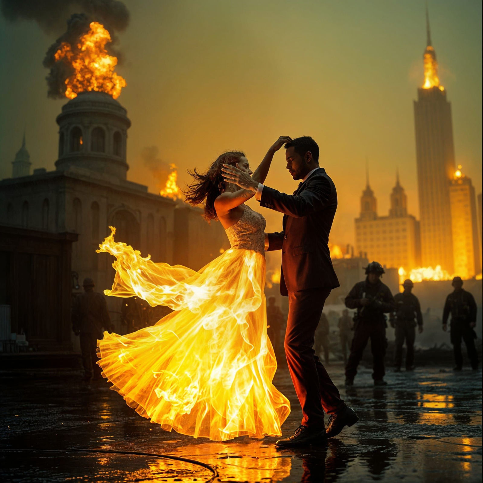 Fiery Dance: Woman in Fire Dress with Water Man