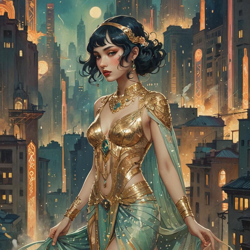 Seductive Lamia in Hellish Cityscape, Art Deco Futurism