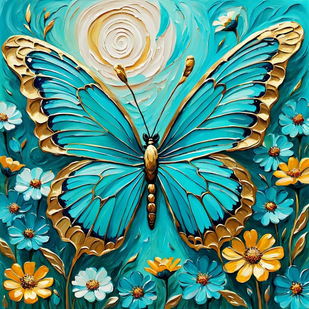 Turquoise Butterfly on Flowers in Impasto Painting