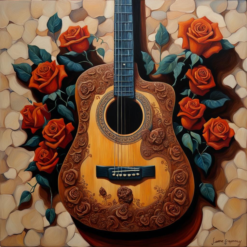 Acoustic Guitar with Skulls and Roses as Oil Painting