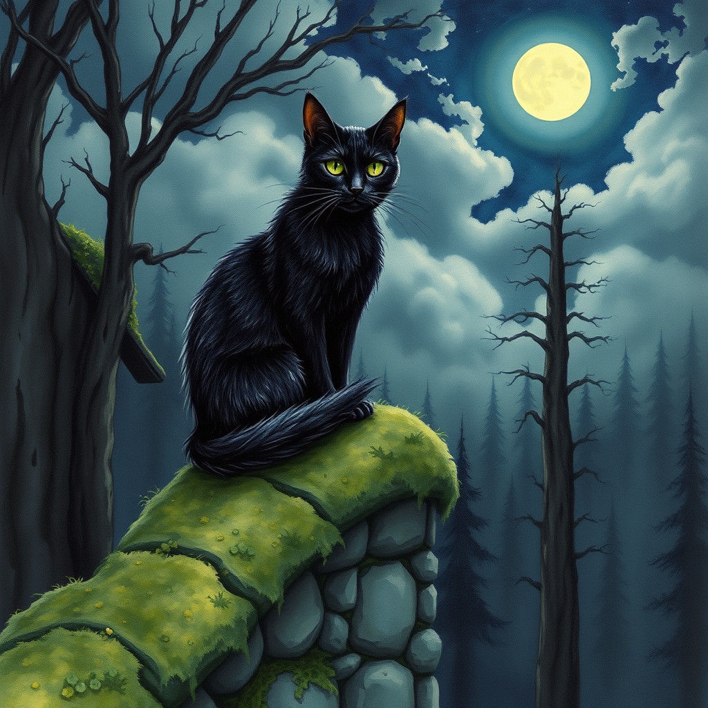 Mystical Black Cat in Forest Landscape
