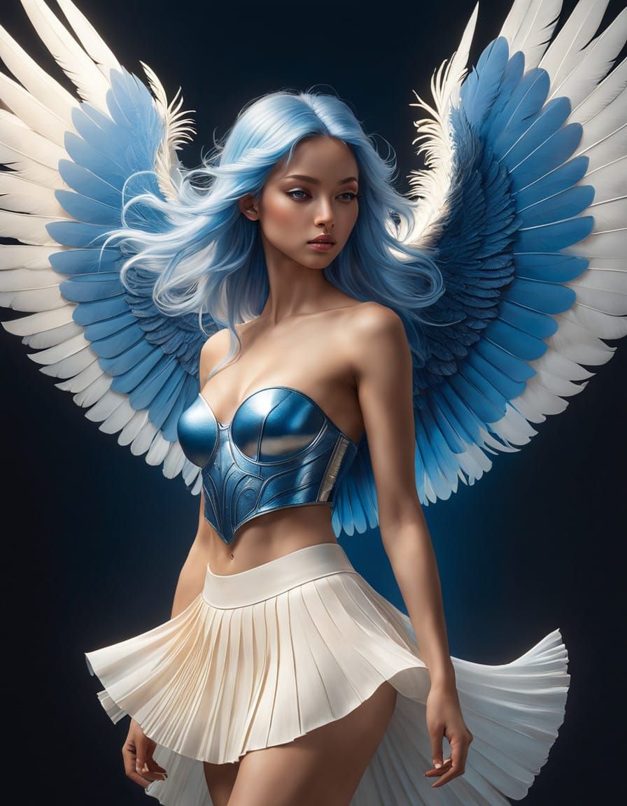 Vibrant Blue Winged Arcangel in Cyberpunk-Inspired Portrait