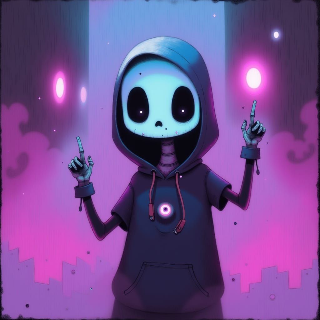 Creepy Kawaii Skeleton Pointing Upwards in Dreamlike Setting