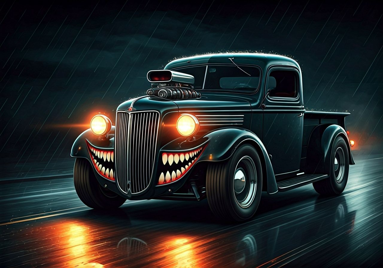 Menacing Vintage Pickup Truck on Dark, Rainy Street