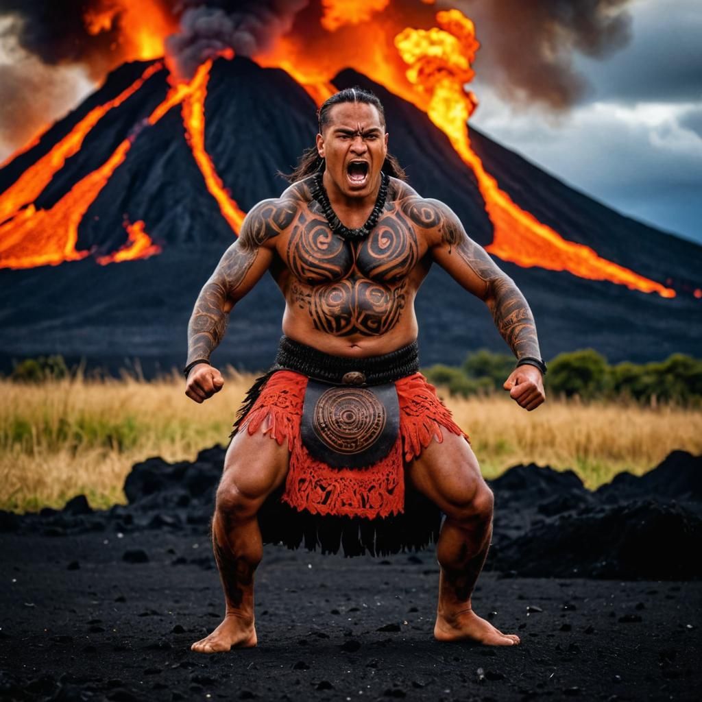 Maori Warrior Haka Dance Before Volcano