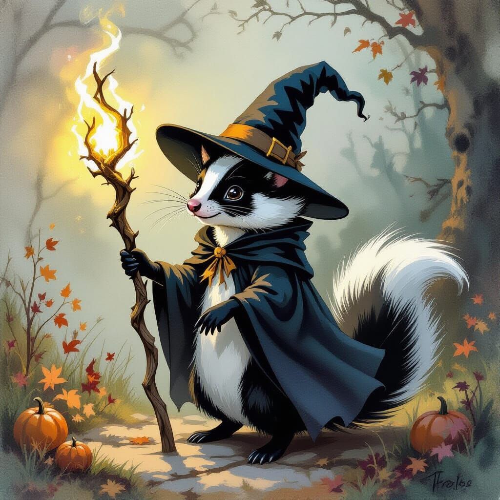 Whimsical Skunk Witch Casting Ethereal Glow