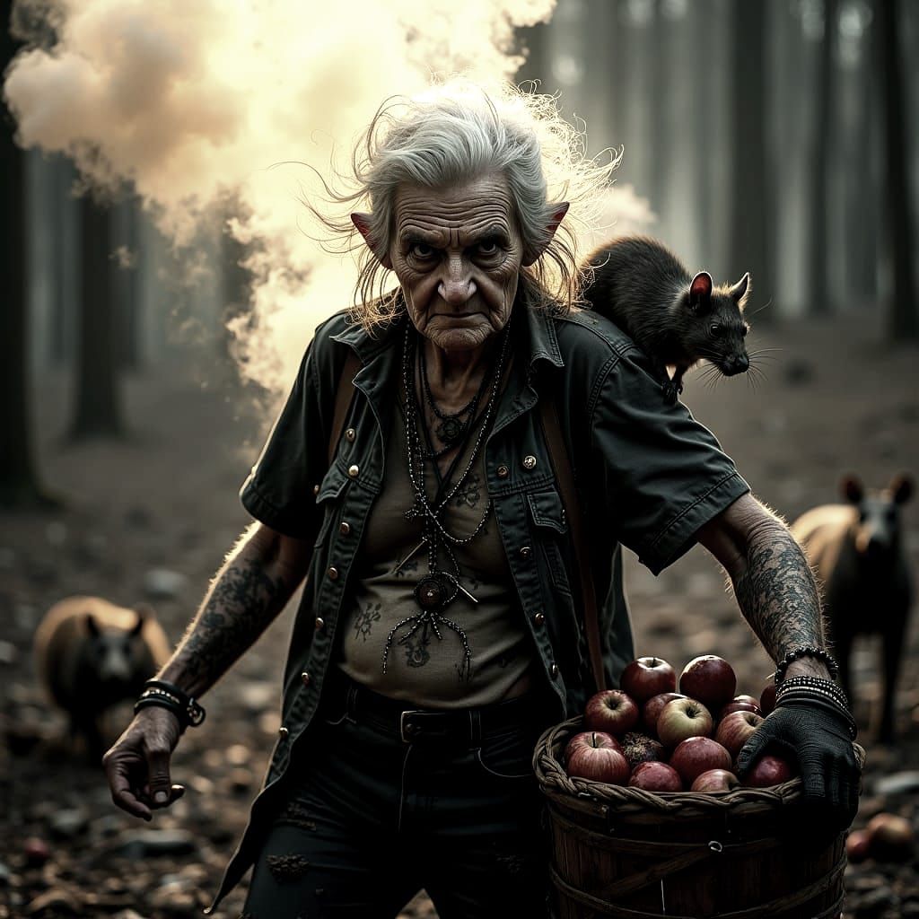 Menacing Punk Witch in Dead Wood Environment