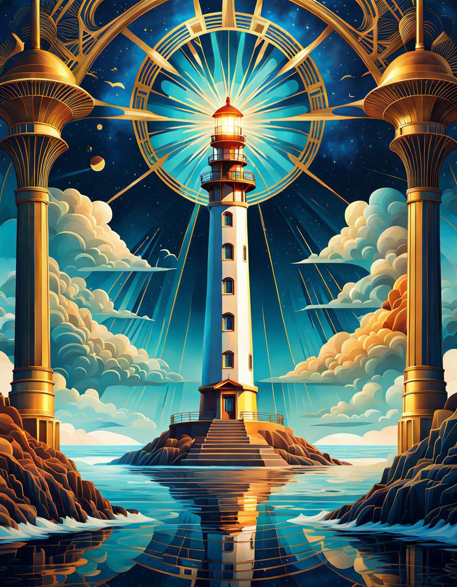 Art Deco Lighthouse with Golden Geometric Design