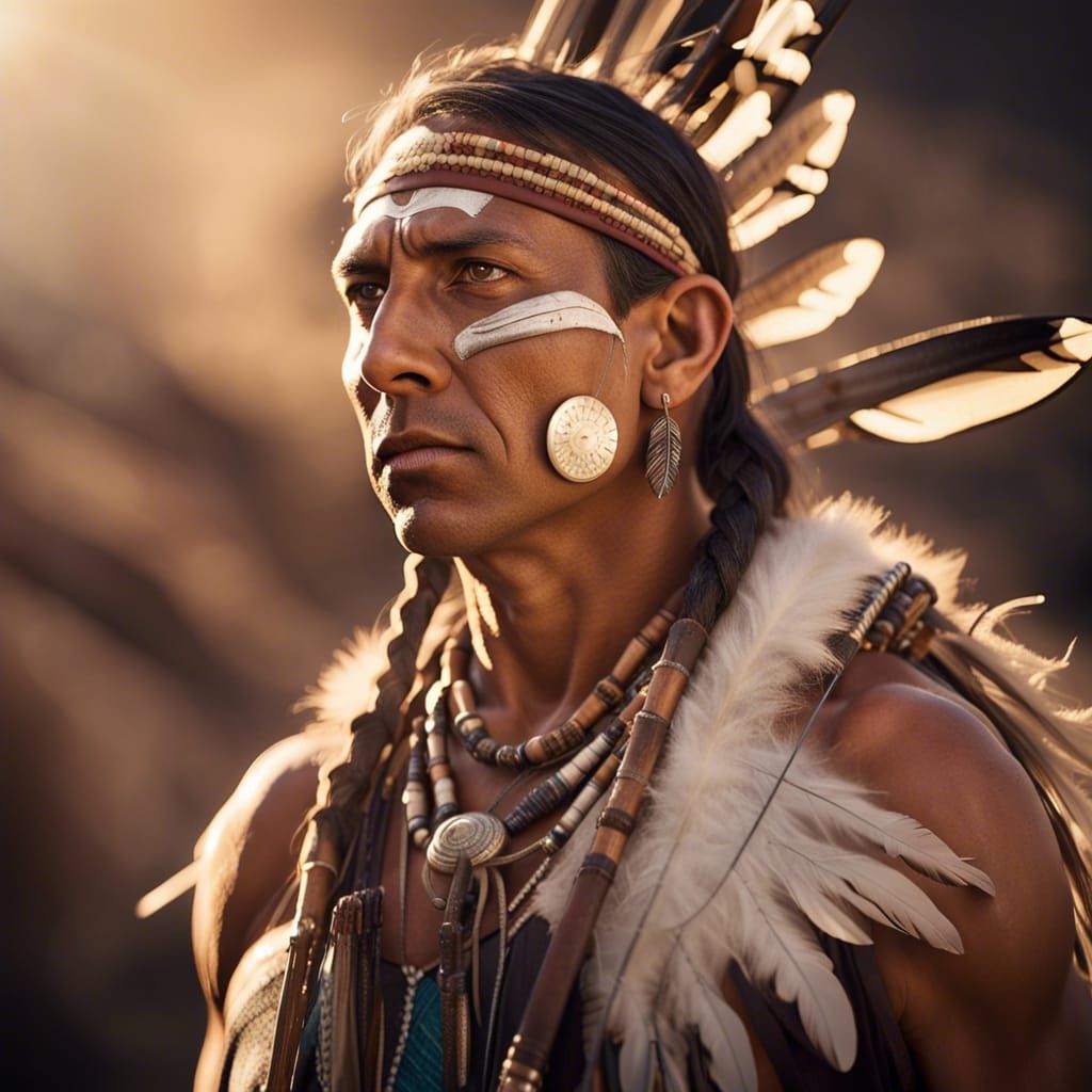 Picture of Silvester Stalone as a muscular native american indian with headband and feather, bow standing on a rock look...