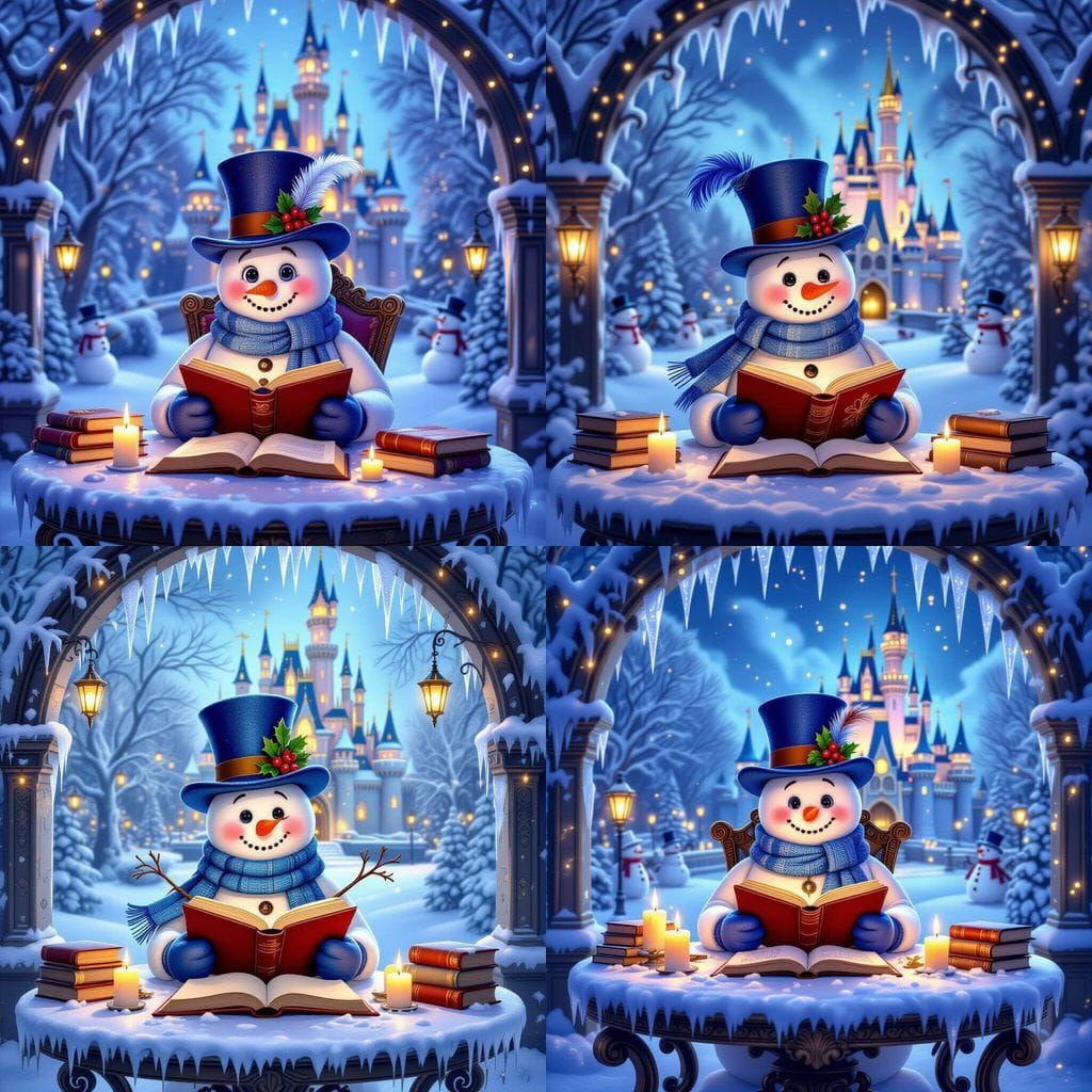 Enchanted Winter Castle Scene with Reading Snowman