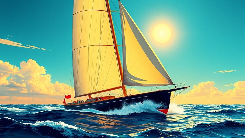 Vintage America's Cup Sailing Yacht in Full Sail, Pop Art St...