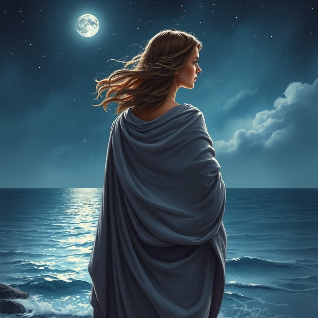 Hypatia Contemplates the Starlit Sea in Surrealist Style