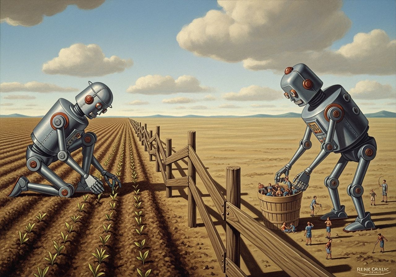 Surreal Robots Planting and Harvesting Humans in Vintage Sty...