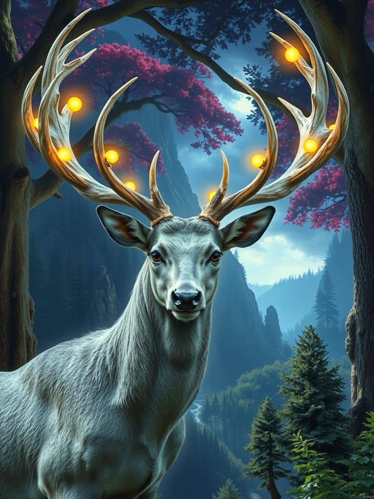 Mystical Silver Stag in Enchanted Forest