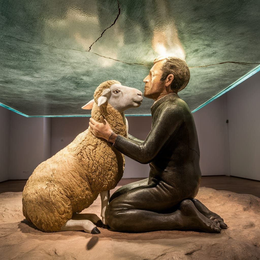 A Man Holds a Sheep on a Cracked Glass Slab in a Delicate Ar...