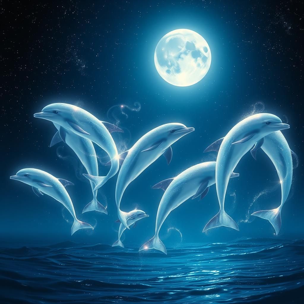 Ethereal Dolphins Leaping in Moonlight: Digital Matte Painti...