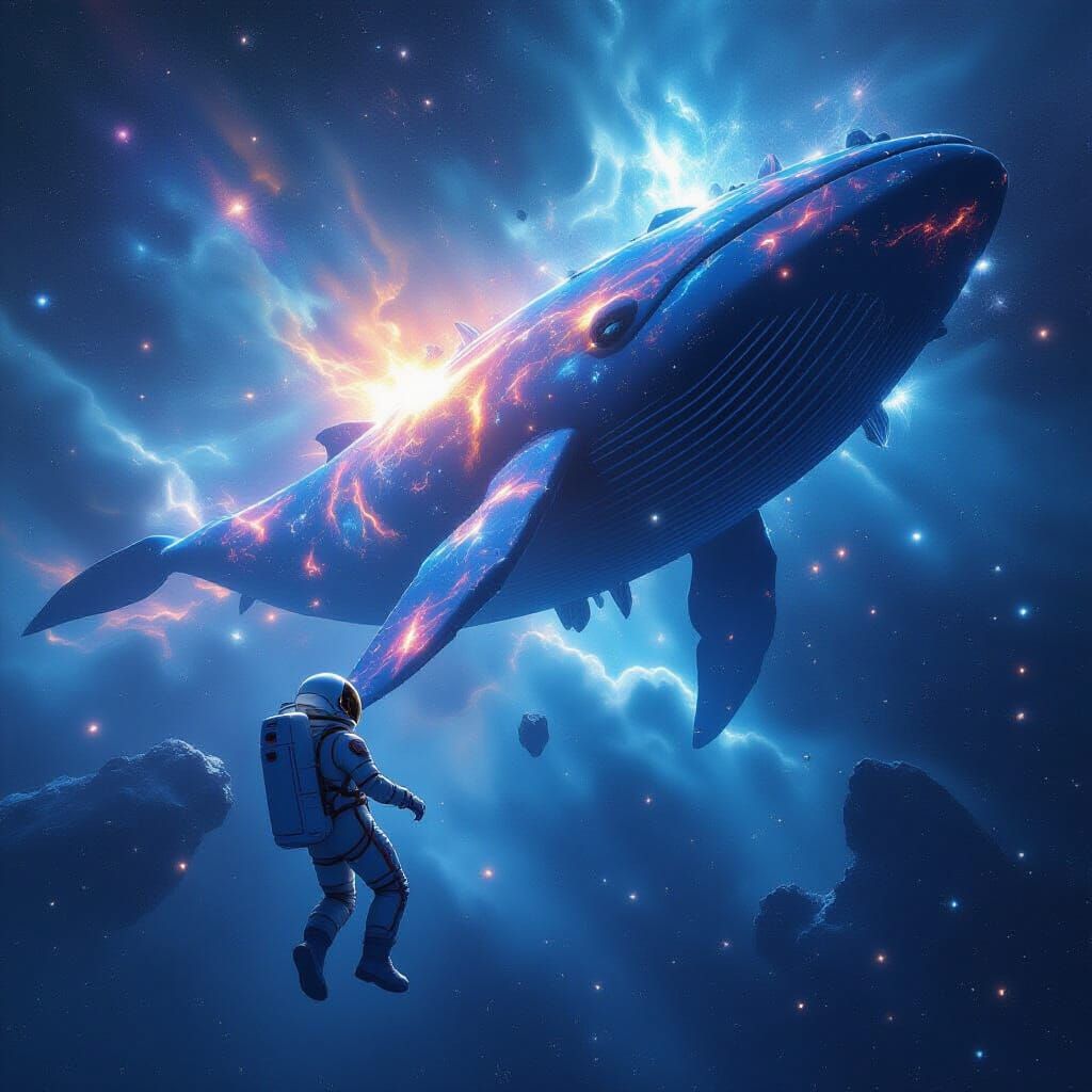 Astronaut Adrift Near Space Whale Nebula