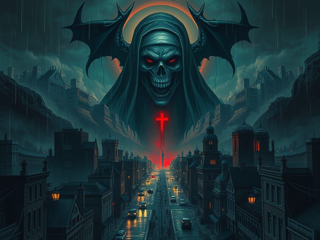 Demonic Nun Haunts Dystopian City with Blood Rain