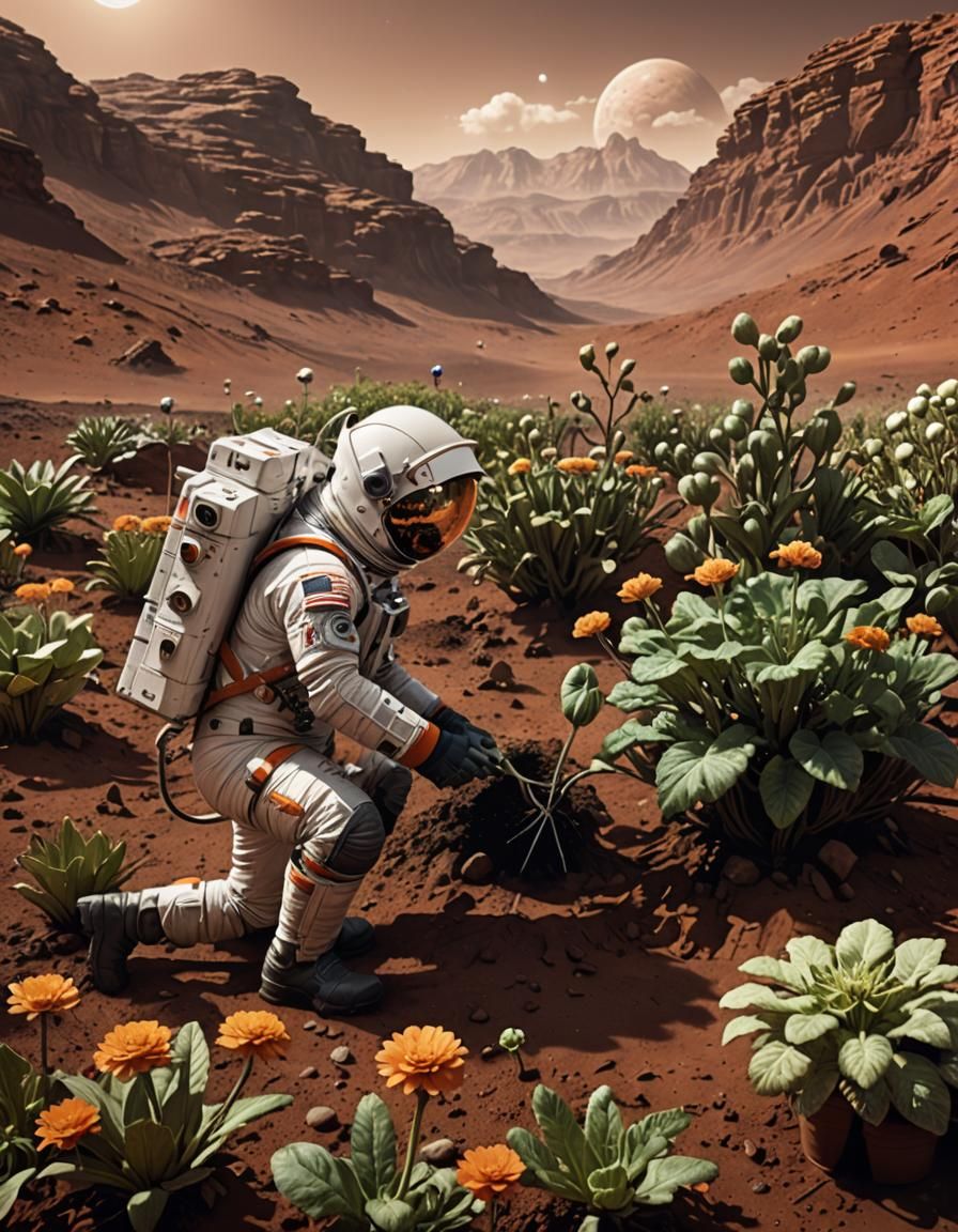 Astronaut Gardening on Mars: Epic Digital Painting