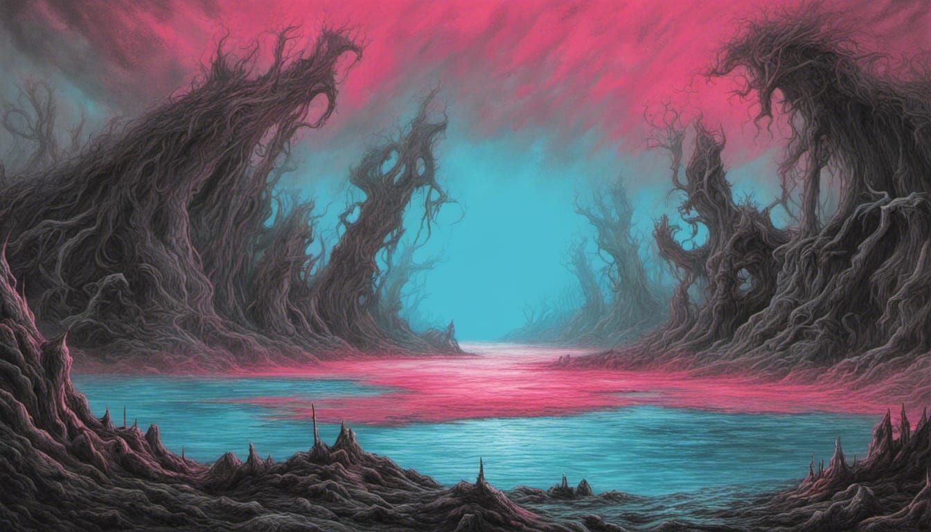 Eldritch Island in Alien Ocean, Retro Horror Drawing