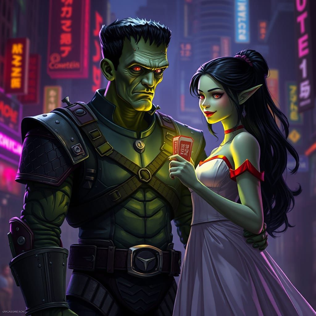 Frankenstein and Bride Date Night in Cyberpunk City