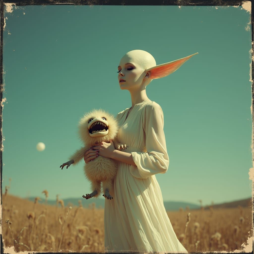 Ethereal Alien Beauty with Pet in Retro Polaroid Style